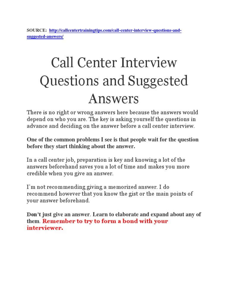 Call Center Interview Questions and Suggested Answers PDF