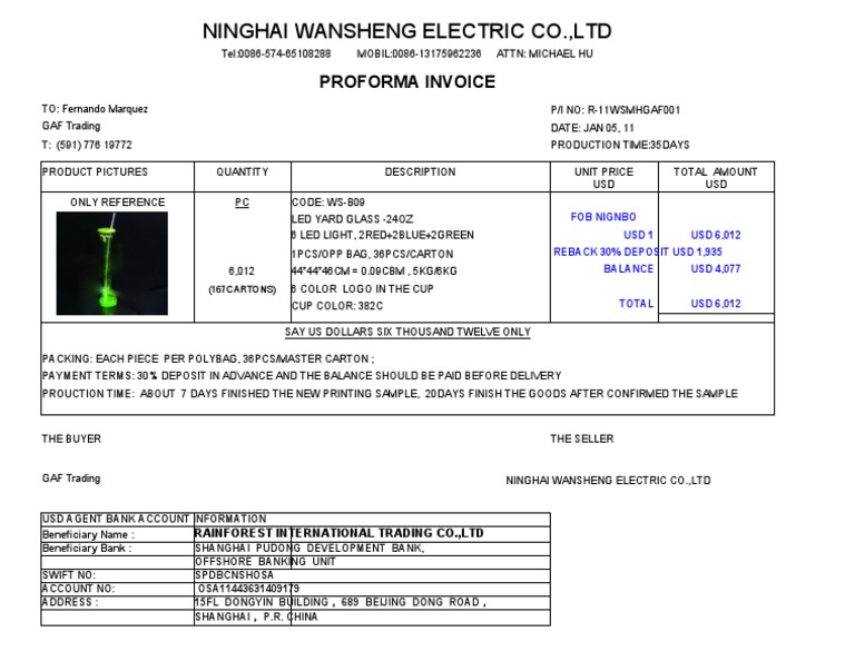 Proforma Invoice for LED Yard Glass | PDF