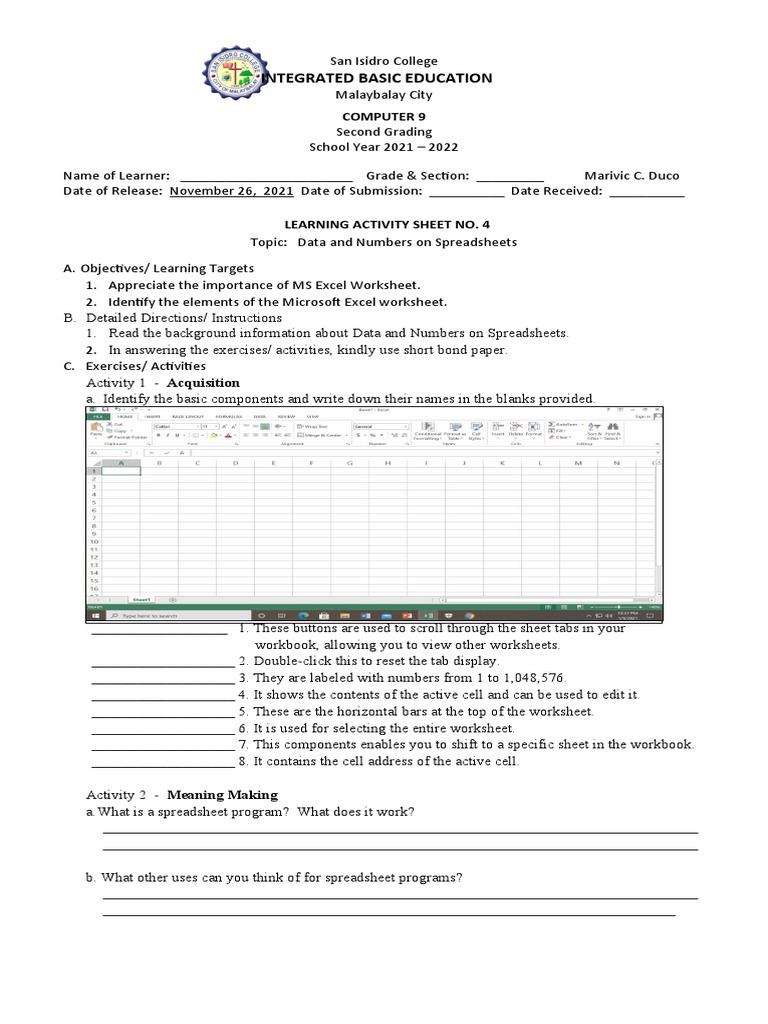 Computer Skills for Grade 9 Students | PDF | Microsoft Excel | Spreadsheet