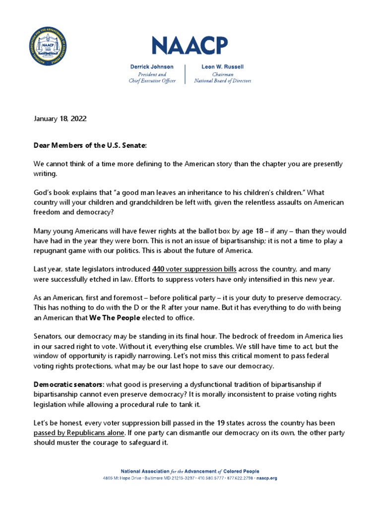 NAACP Letter To US Senators (Voting Rights) | PDF | American Government ...