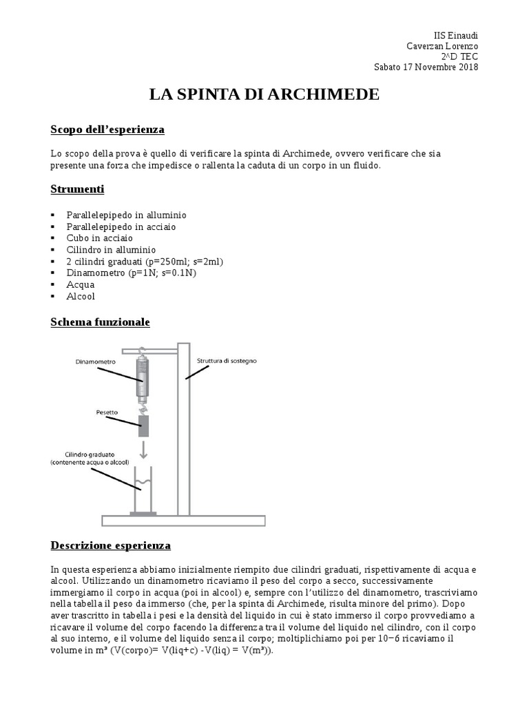 Relazione 1 La Spinta Di Archimede PDF