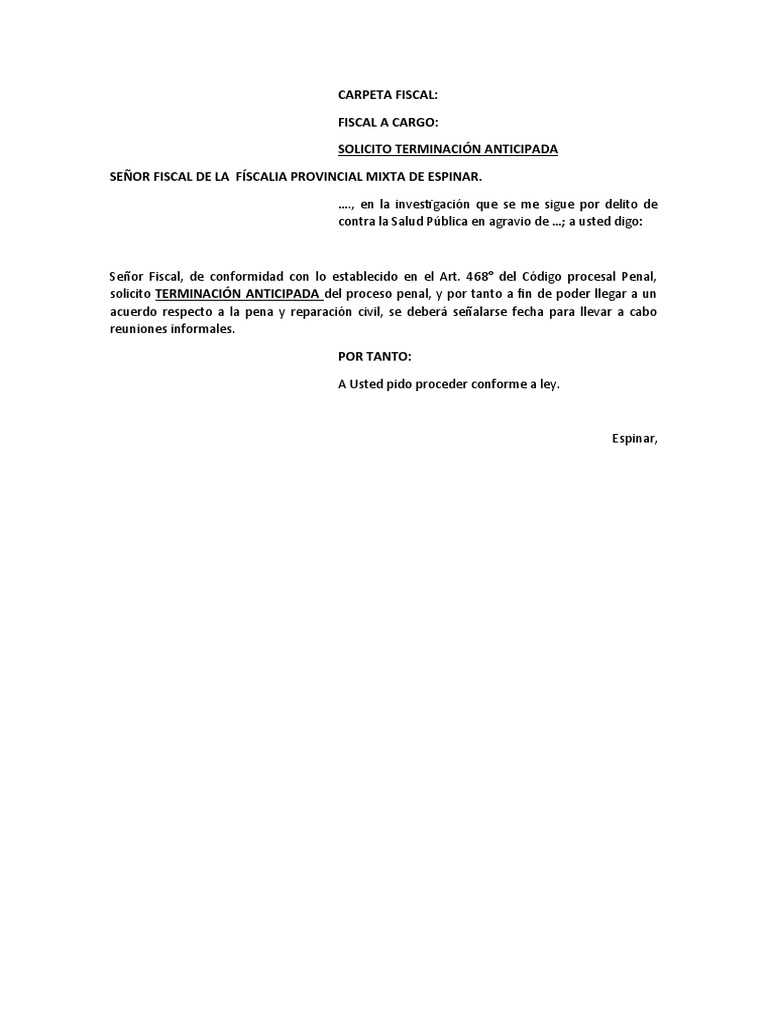 Escrito Solicitando Terminación Anticipada Por El Delito Contra La ...