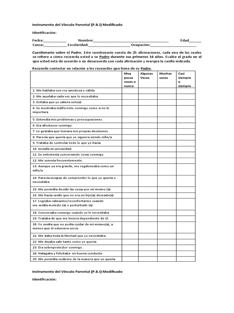Cuestionario de Vínculo Parental P.B.I. | PDF