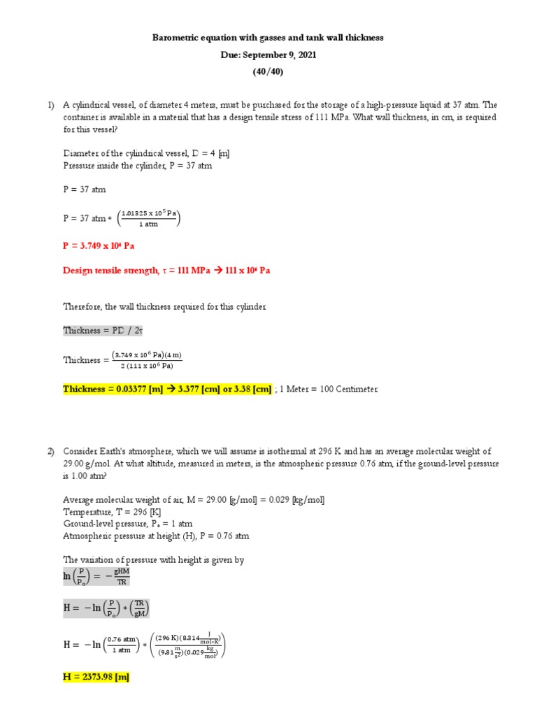 Barometric Equation With Gasses and Tank Wall Thickness Homework PDF Atmospheric Pressure