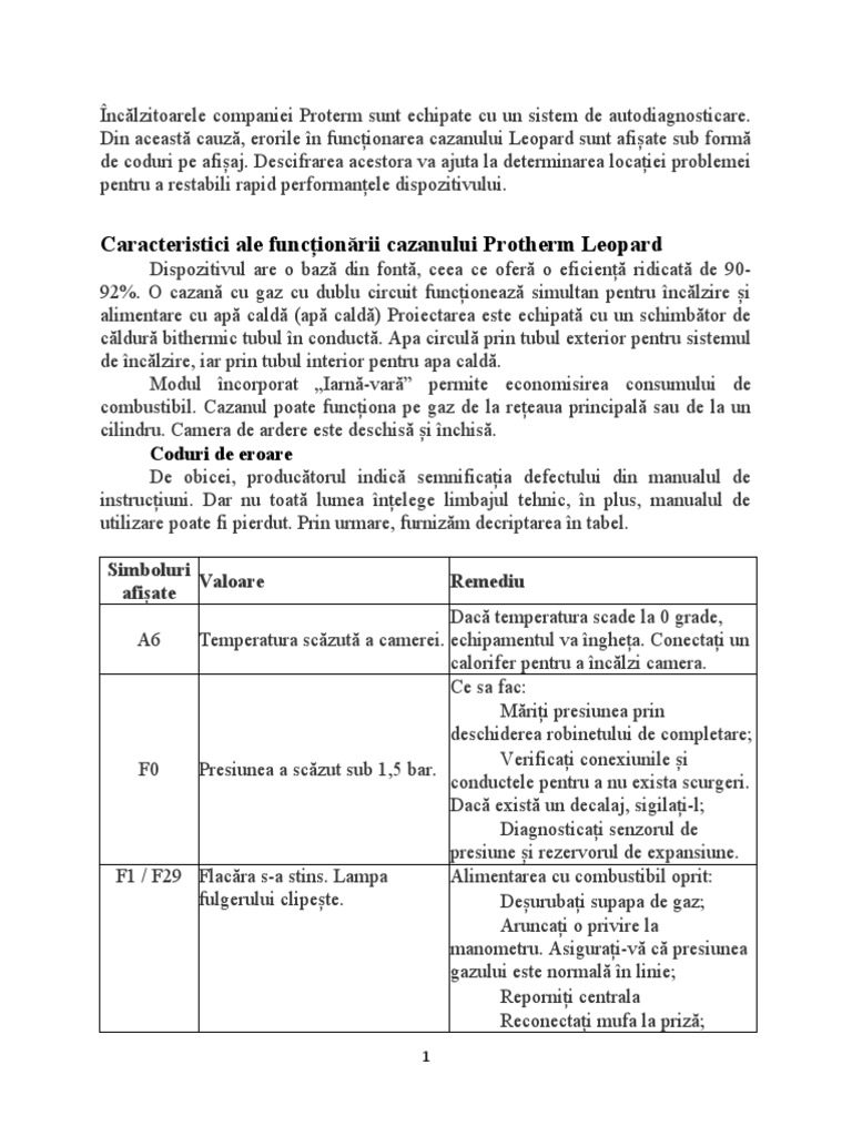 PROTHERM LEOPARD 24 BTV Coduri de Eroare | PDF