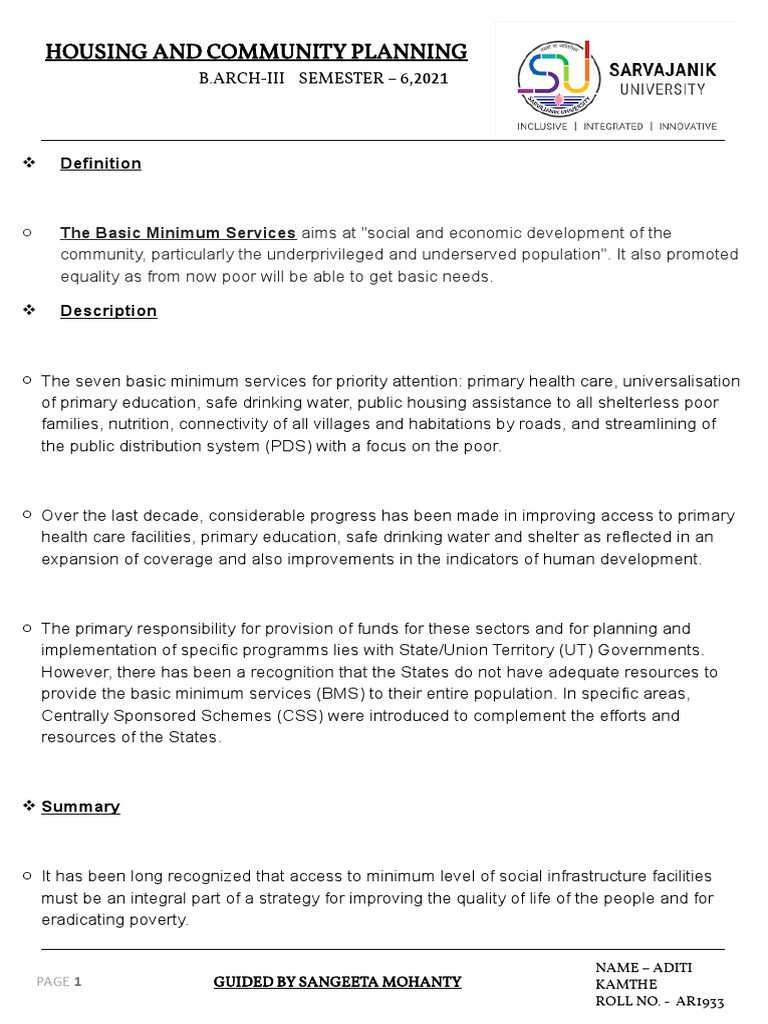 Housing and Community Planning: The Basic Minimum Services Aims at ...