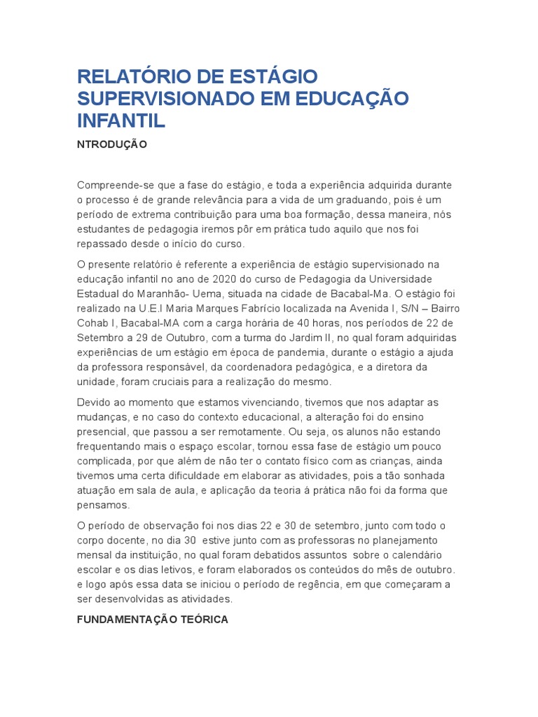 Relatório de Estágio Supervisionado em Educação Infantil | PDF ...