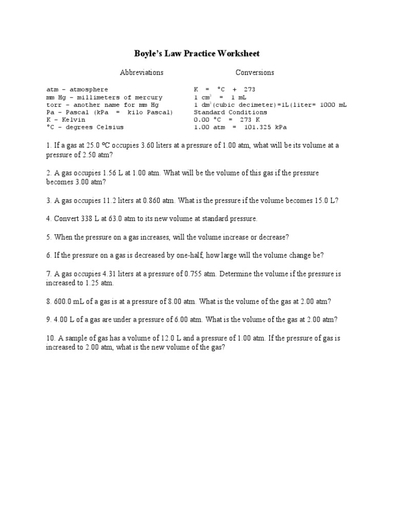 Boyles Law Practice Worksheet 1 PDF