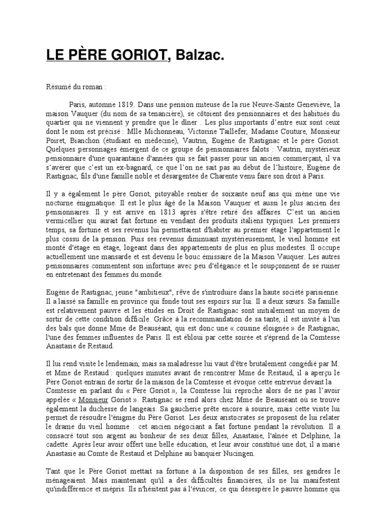 Le Père Goriot Résumé Chapitre Par Chapitre Pdf Résumé - Le Père Goriot, Balzac | PDF | La Comédie humaine | Romans