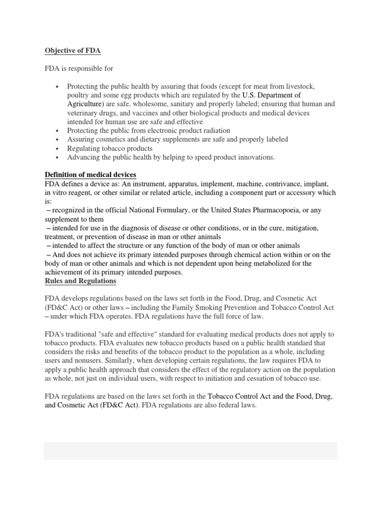 Objective of FDA Definition of Medical Devices PDF Food And Drug