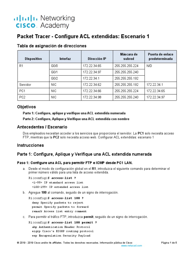 Configuración de ACL extendidas en Packet Tracer | PDF | Dirección IP ...