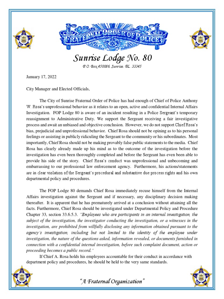 FOP Lodge 80's Statement on Chief Rosa | PDF | Police | Legal Action