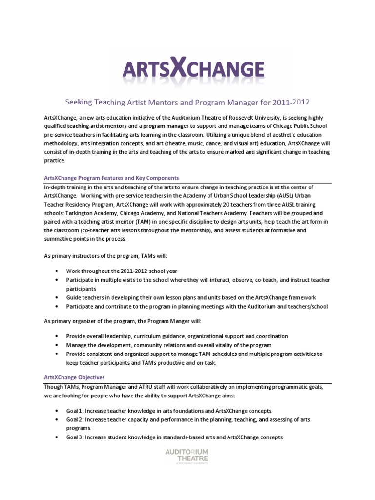 Arts Exchange Teaching Artist and Program Manager Job