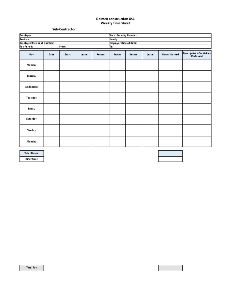 Dolmen Construction Weekly Time Sheet | PDF