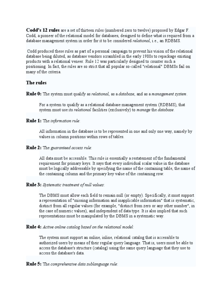 Codd Rules | PDF | Relational Database | Databases