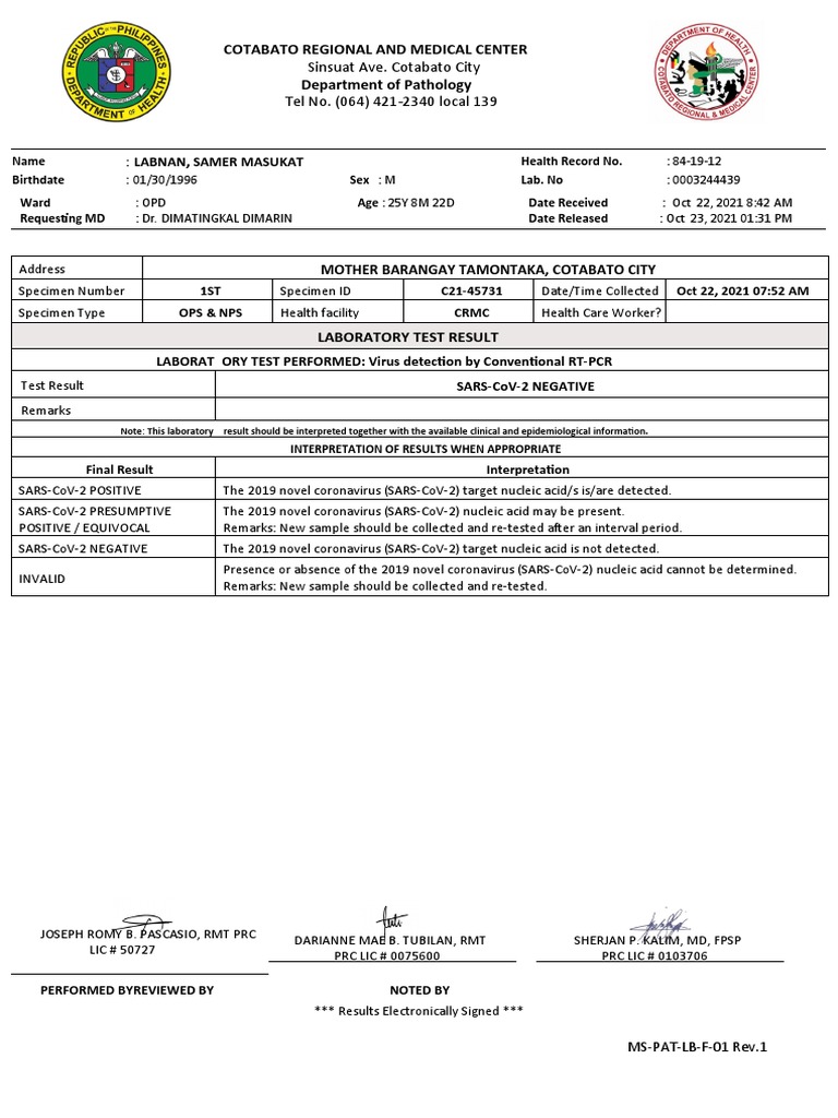 Labnan, Samer Masukat Swab Test Result PDF Diseases And Disorders
