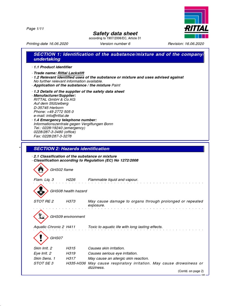 Rittal Safety Data Sheet - Lackstift RAL7032 (2436.732) R 5 1979 | PDF ...