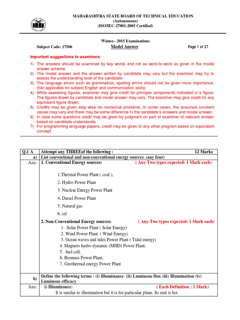 2015 Winter Model Answer Paper PDF Transformer Electric Motor