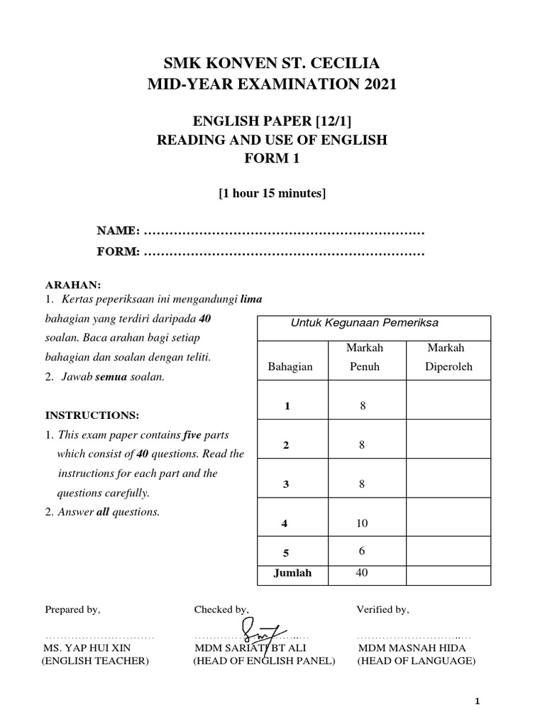Peperiksaan Pertengahan Tahun 2021 English Paper1 Form 1 Question Pdf