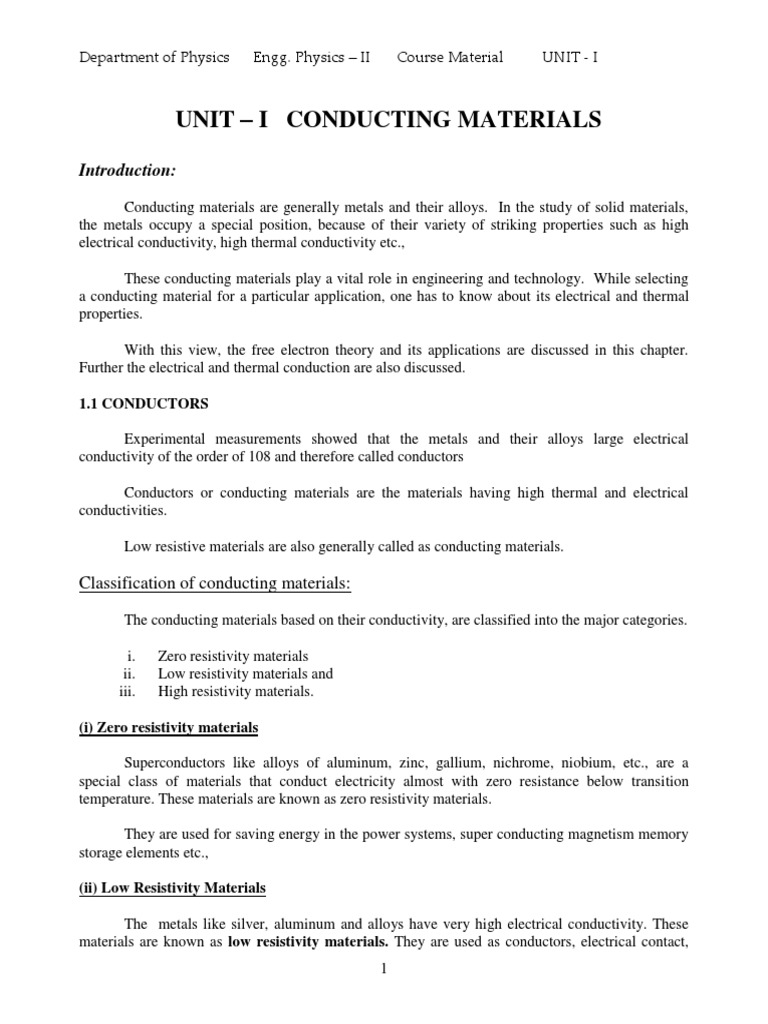 I Unit Conductors PDF Electrical Resistivity And Conductivity