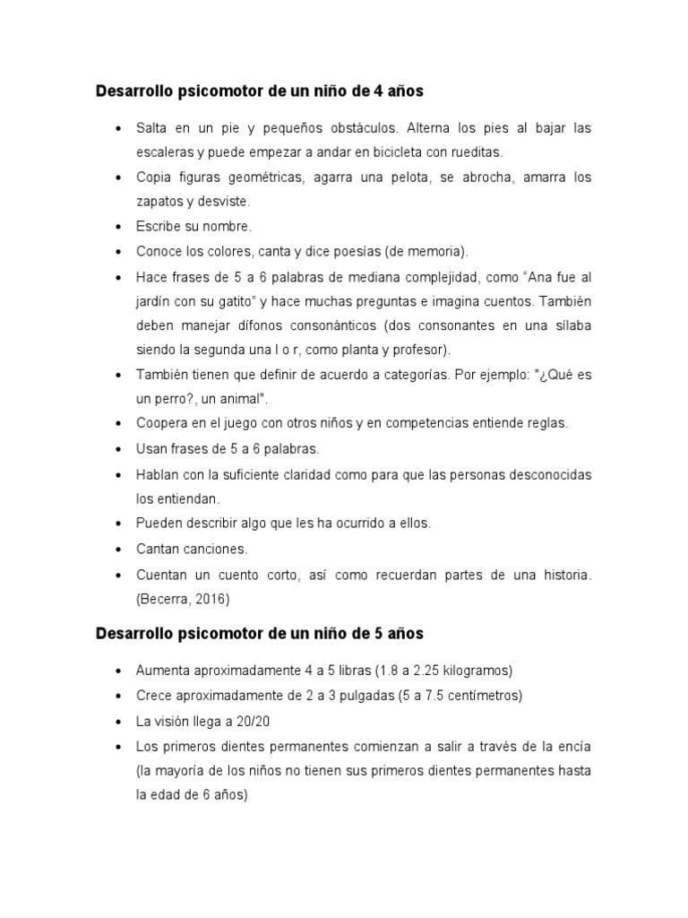 Desarrollo psicomotor en niños de 4 a 5 años | PDF | Artes del Lenguaje ...