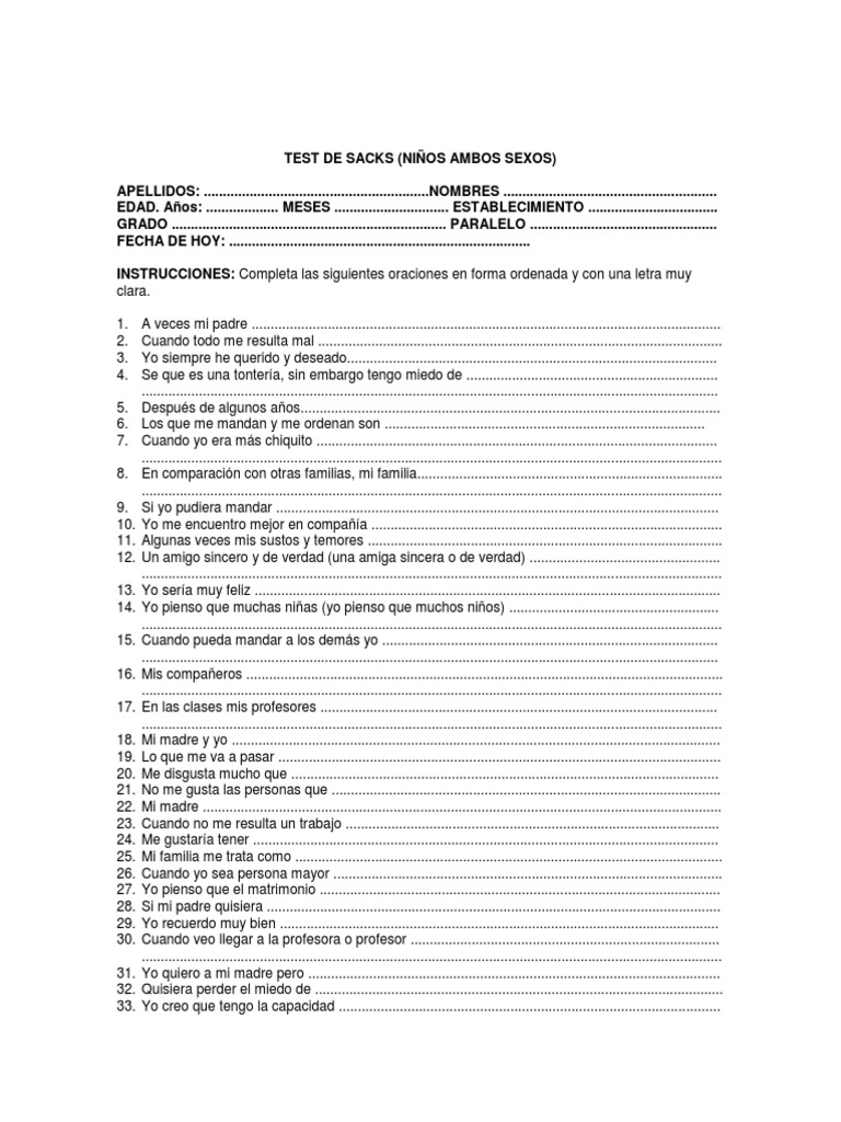 Test de Sacks para Niños: Instrucciones y Ejemplos | PDF | Hogar ...