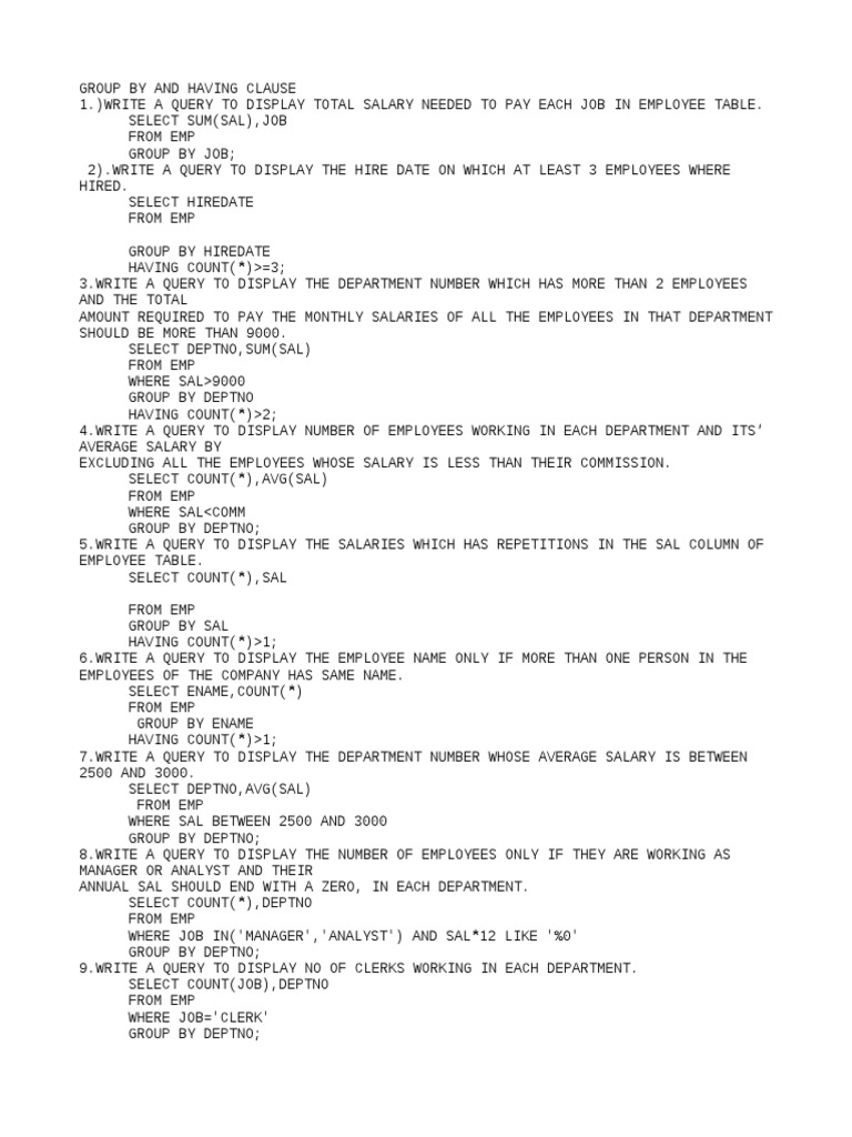 SQL Queries: GROUP BY & HAVING Clauses | PDF | Salary | Employment