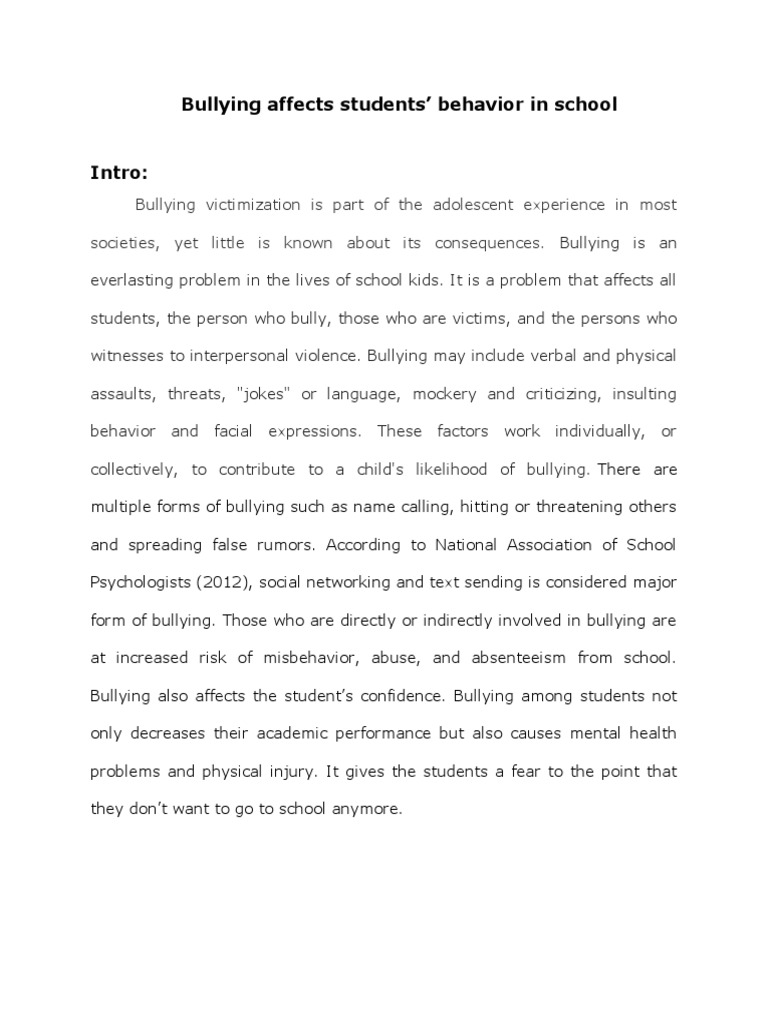 Impact of Bullying on Student Behavior | PDF