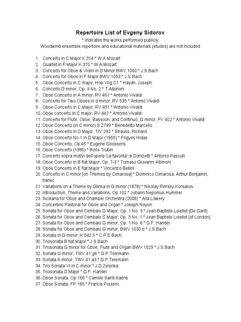 Repertoire List of Evgeny Sidorov PDF Concerto Oboe Concerto (Marcello)