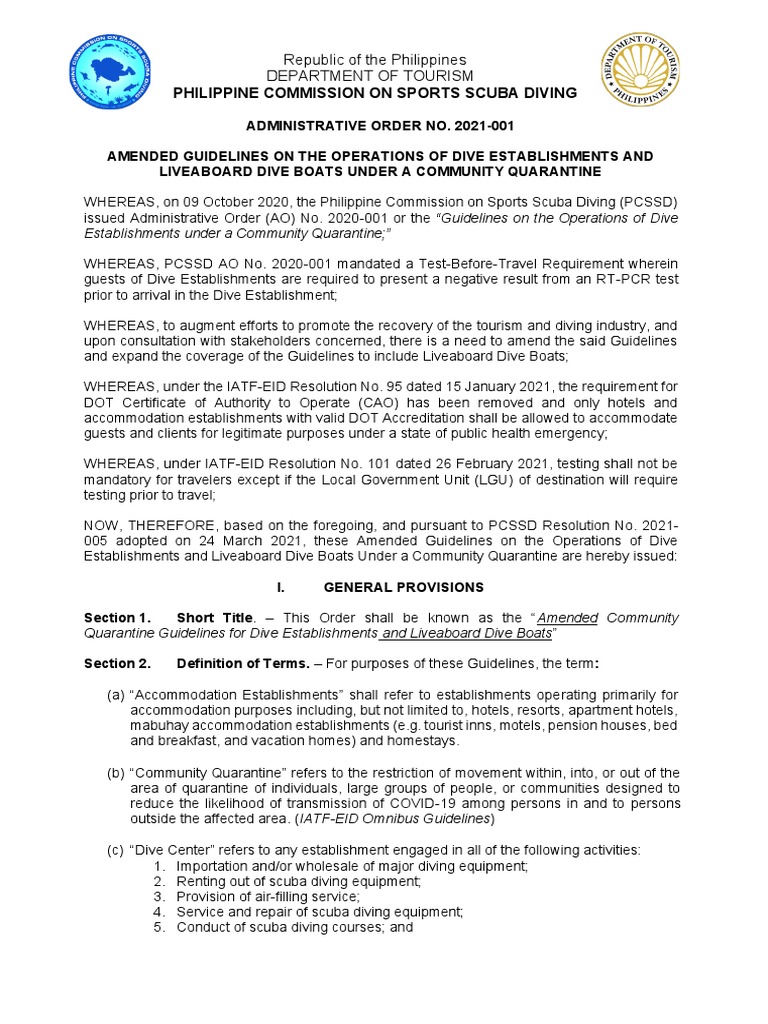 PCSSD AO No. 2021001 Amended Guidelines On Dive Establishments PDF