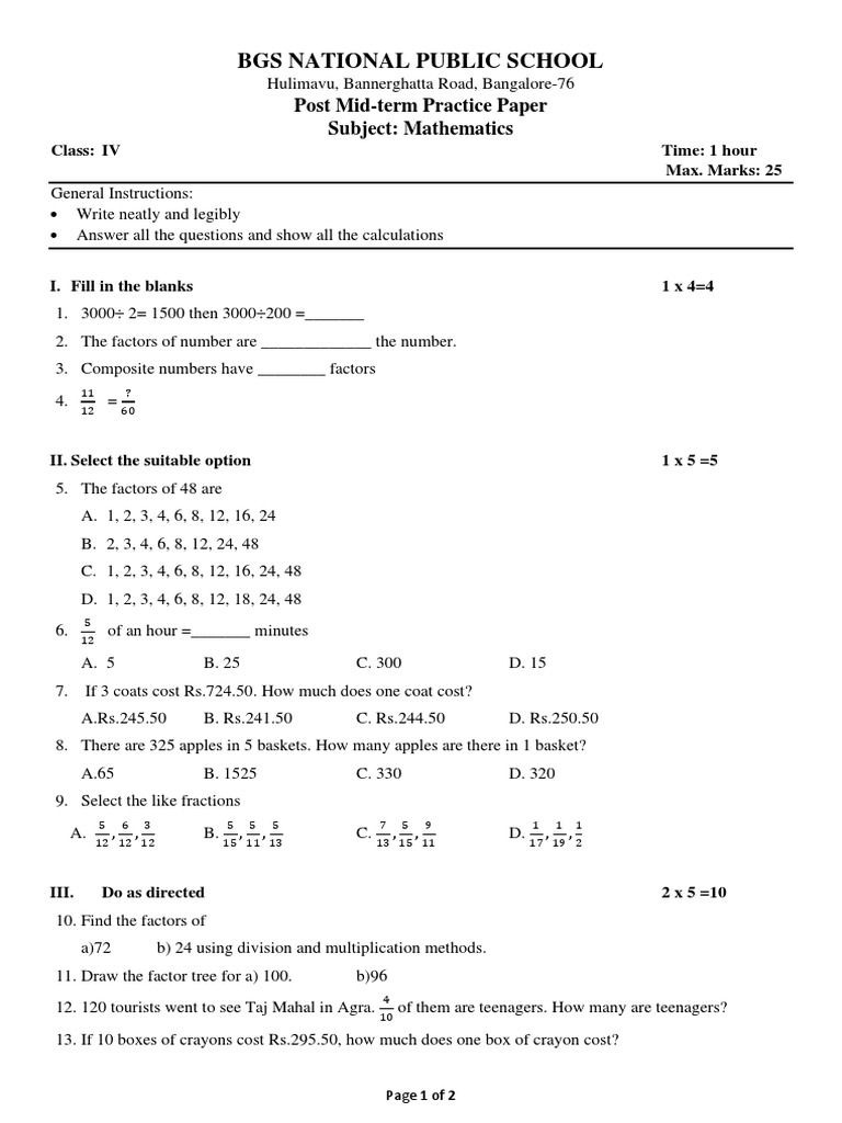 Class 4 Maths Mid-Term Practice Paper | PDF | Mathematics