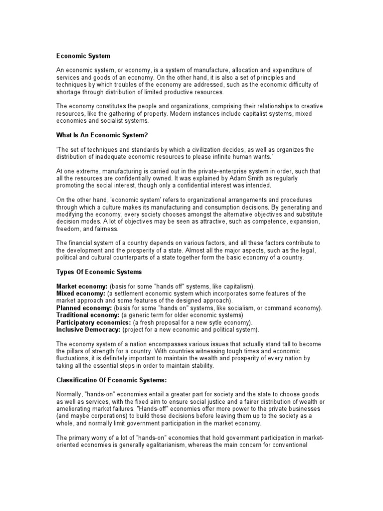 01 Classification Of Economic System Economic System Market Economy