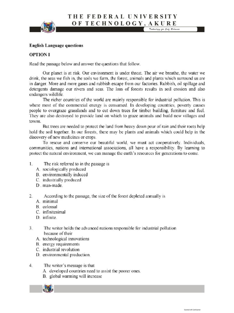 Futa Post Utme English Past Questions PDF