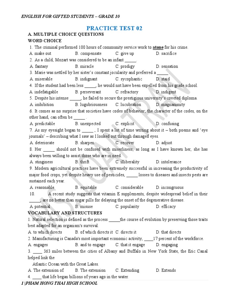 English Grade 10 Practice Test | PDF | Parasitism | Trees