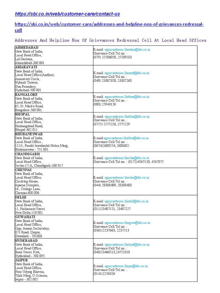 SBI Customer Care Cell Contact Details | PDF | Institutional Investors ...