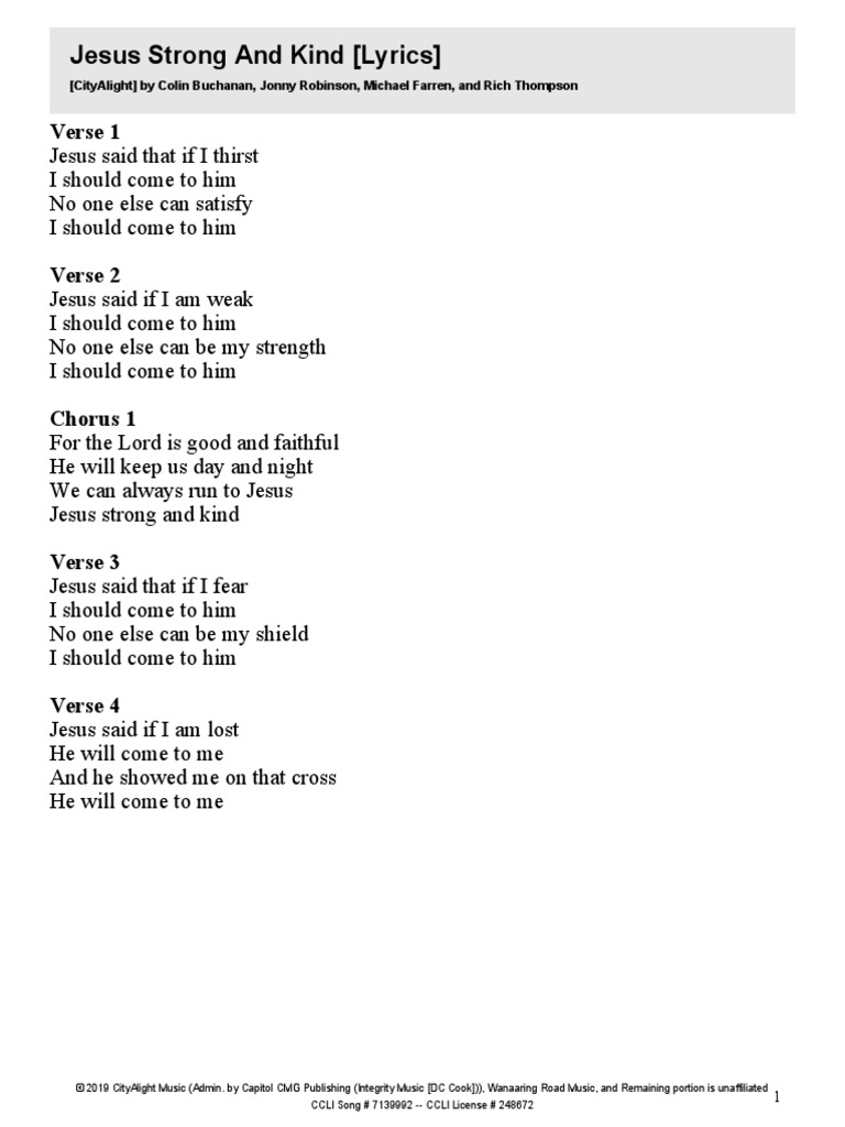 Jesus Strong and Kind (Lyrics) : Verse 1 | PDF