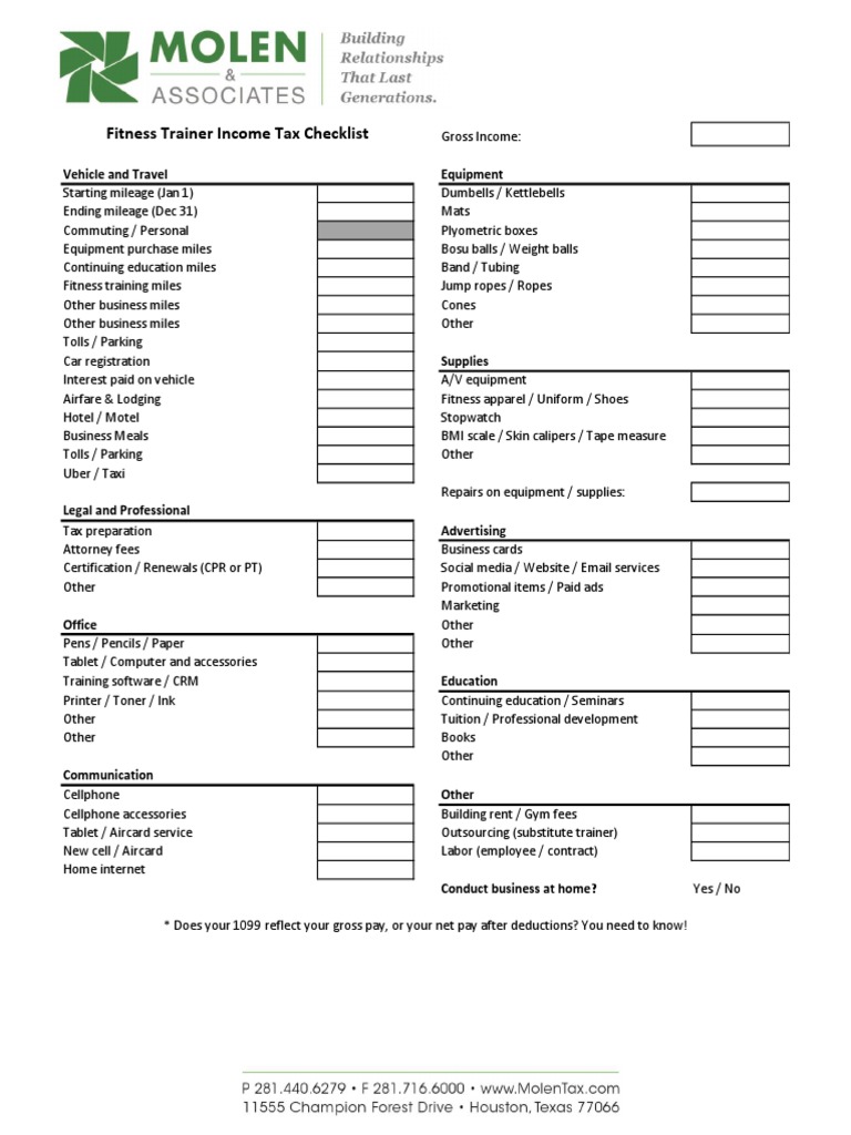 Fitness Trainer Tax Checklist Vehicle and Travel Equipment