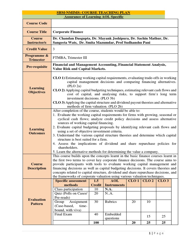 Course Outline of Corporate Finance | PDF | Capital Structure ...