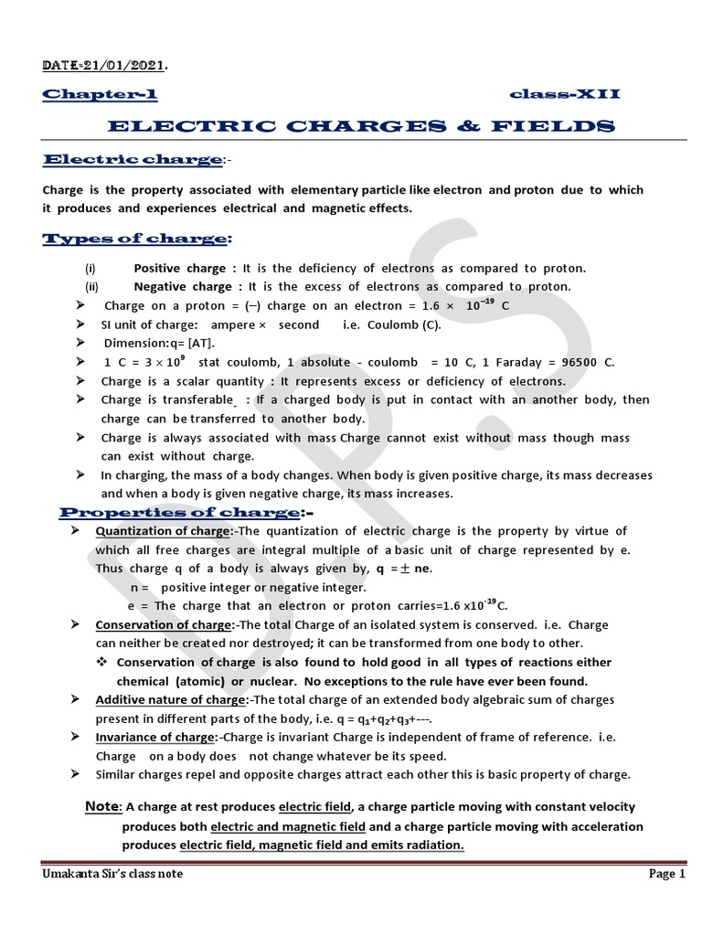 Electric Charges & Fields: Chapter-1 class-XII | PDF | Electric Charge ...