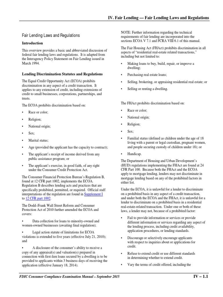 IV. Fair Lending Fair Lending Laws and Regulations Supplement I 12