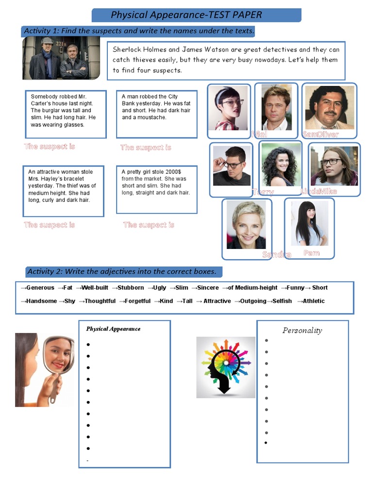 Physical Appearance-TEST PAPER: Activity 1: Find The Suspects and Write ...