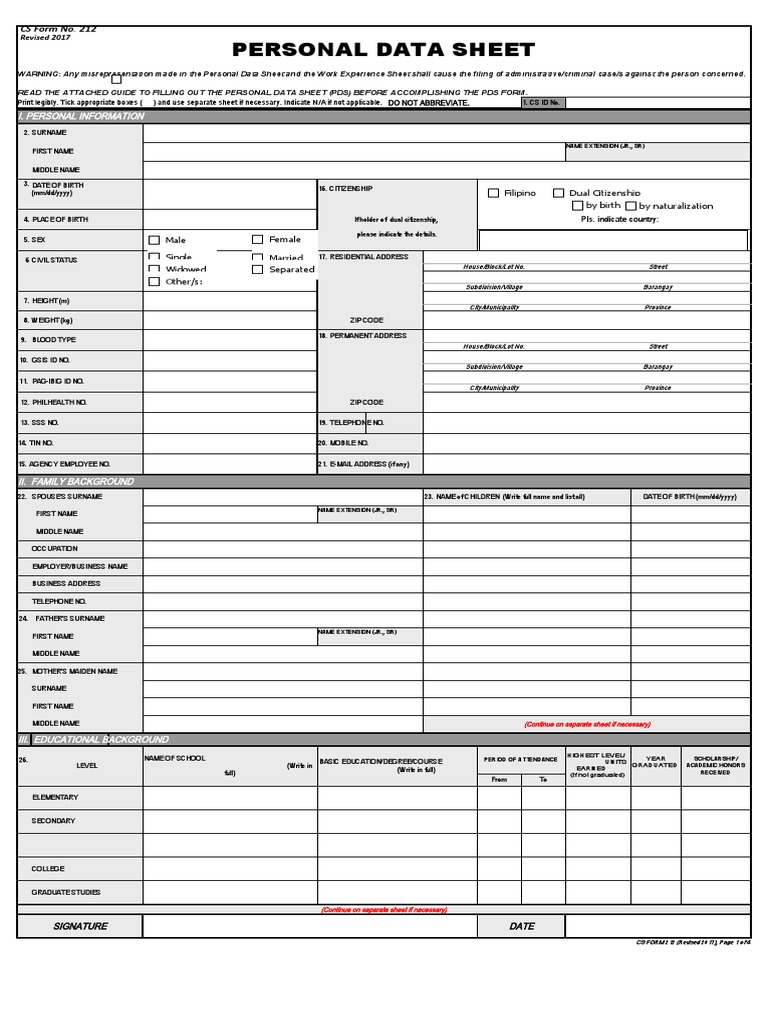 CS Form No. 212 Revised Personal Data Sheet Blank Sample PDF