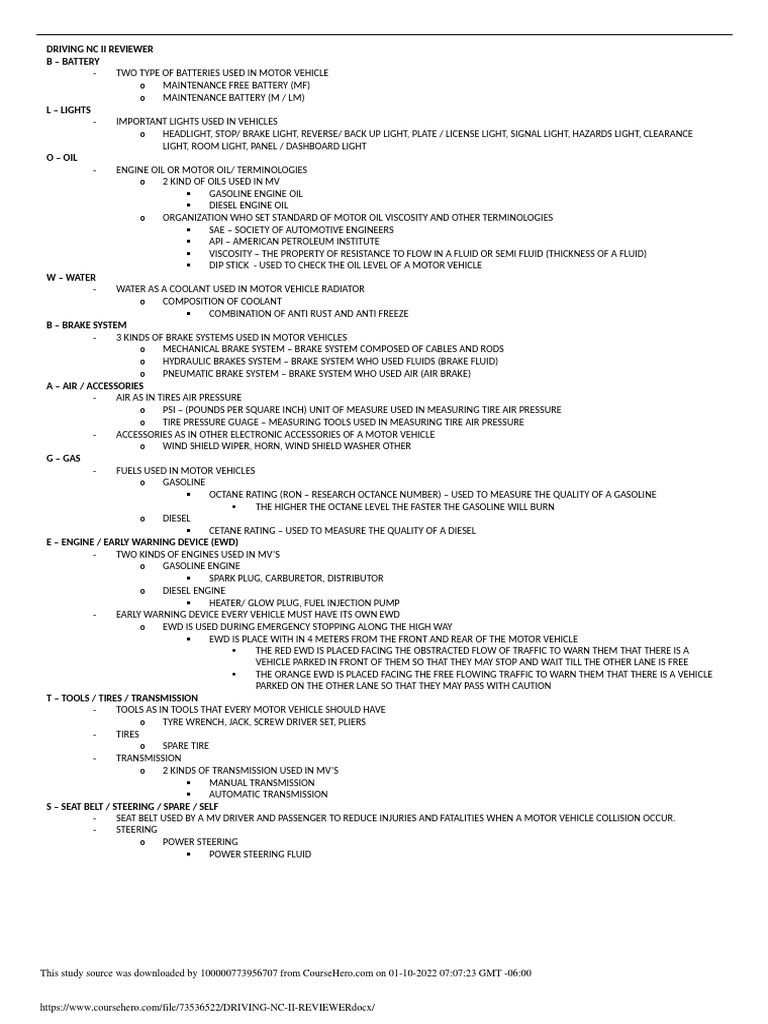 TESDA NC II Driving Exam Reviewer | PDF | Driver's License | Traffic