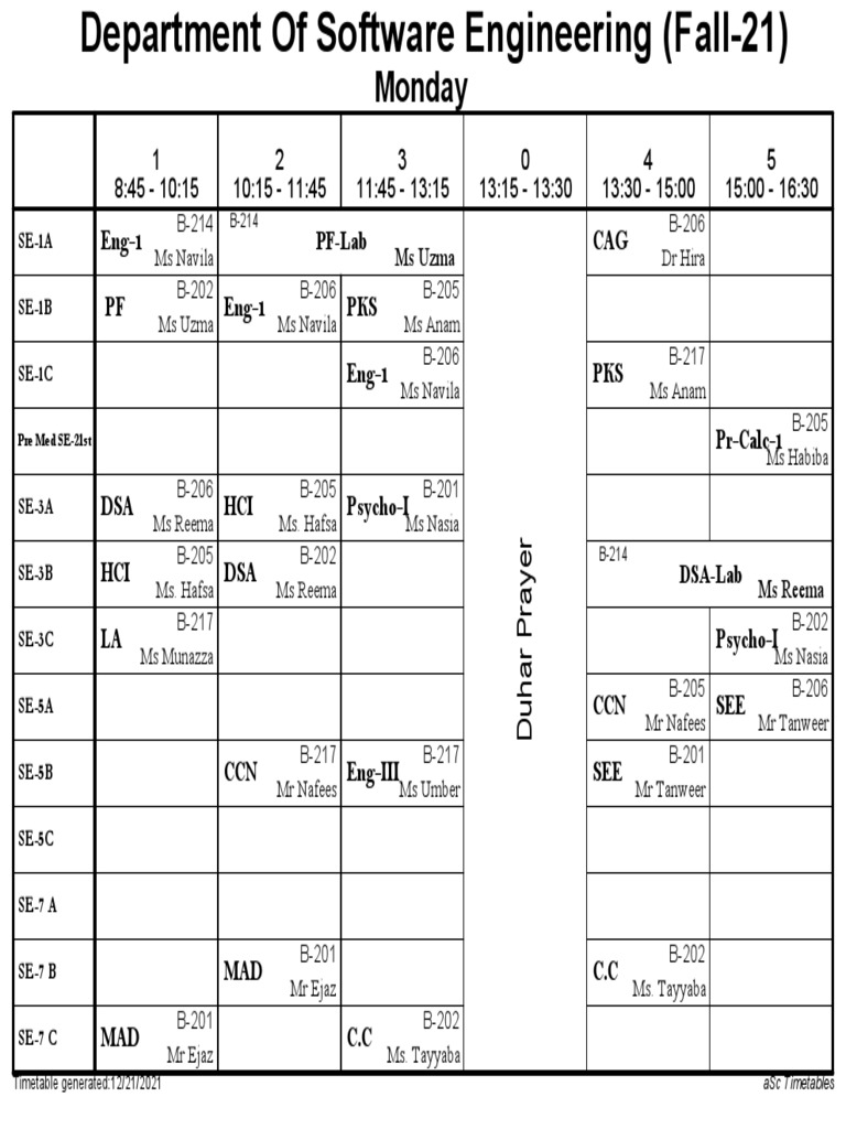 Department of Software Engineering Fall 2021 Semester Timetable PDF