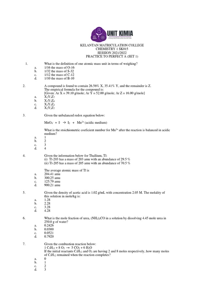 Practice To Perfect A Chem Sk015 Set 1 Soalan Pdf Chemical Bond