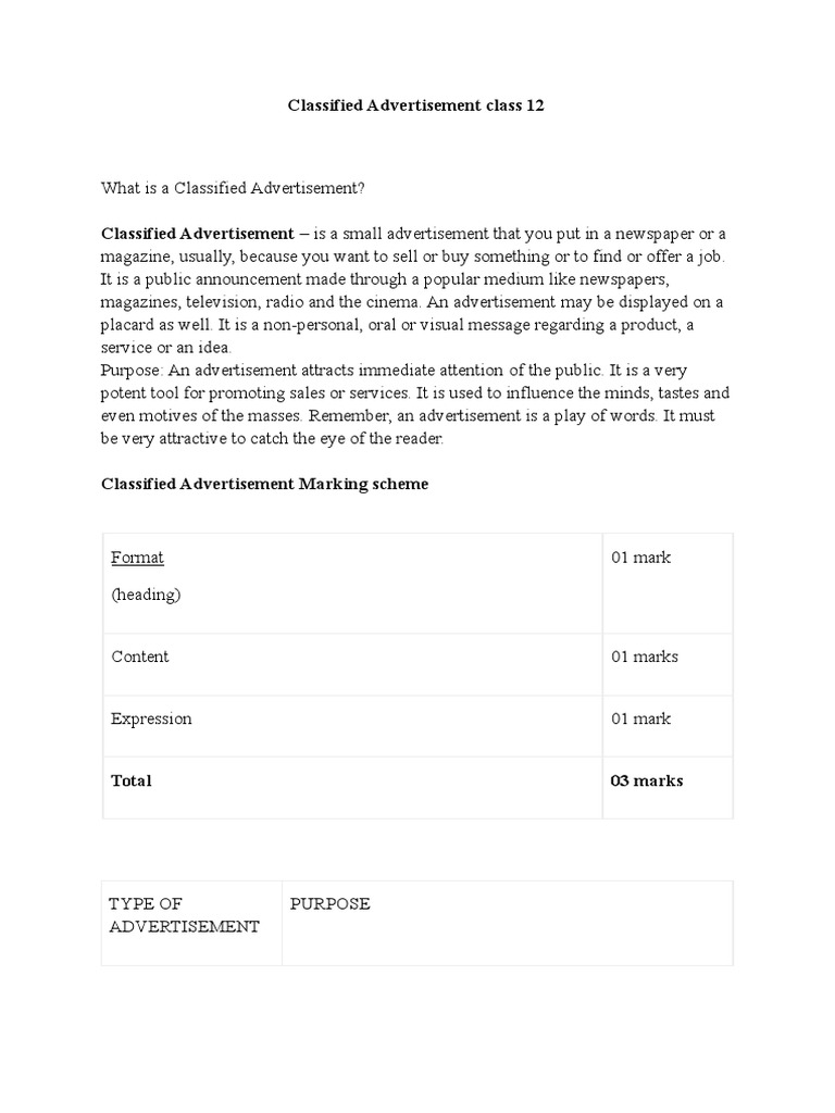 Writing Classified Advertisements Class 12 | PDF | Advertising ...