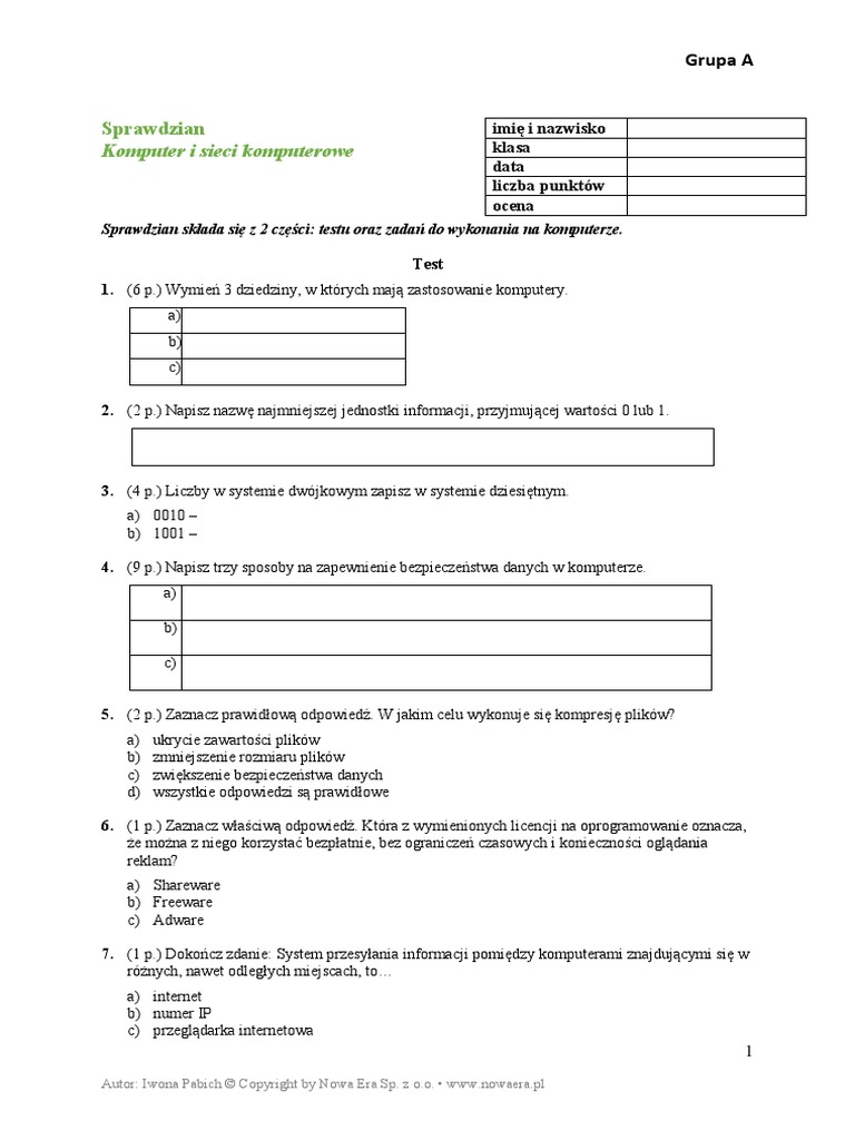Sprawdzian Z Informatyki Klasa 4 Dział 1