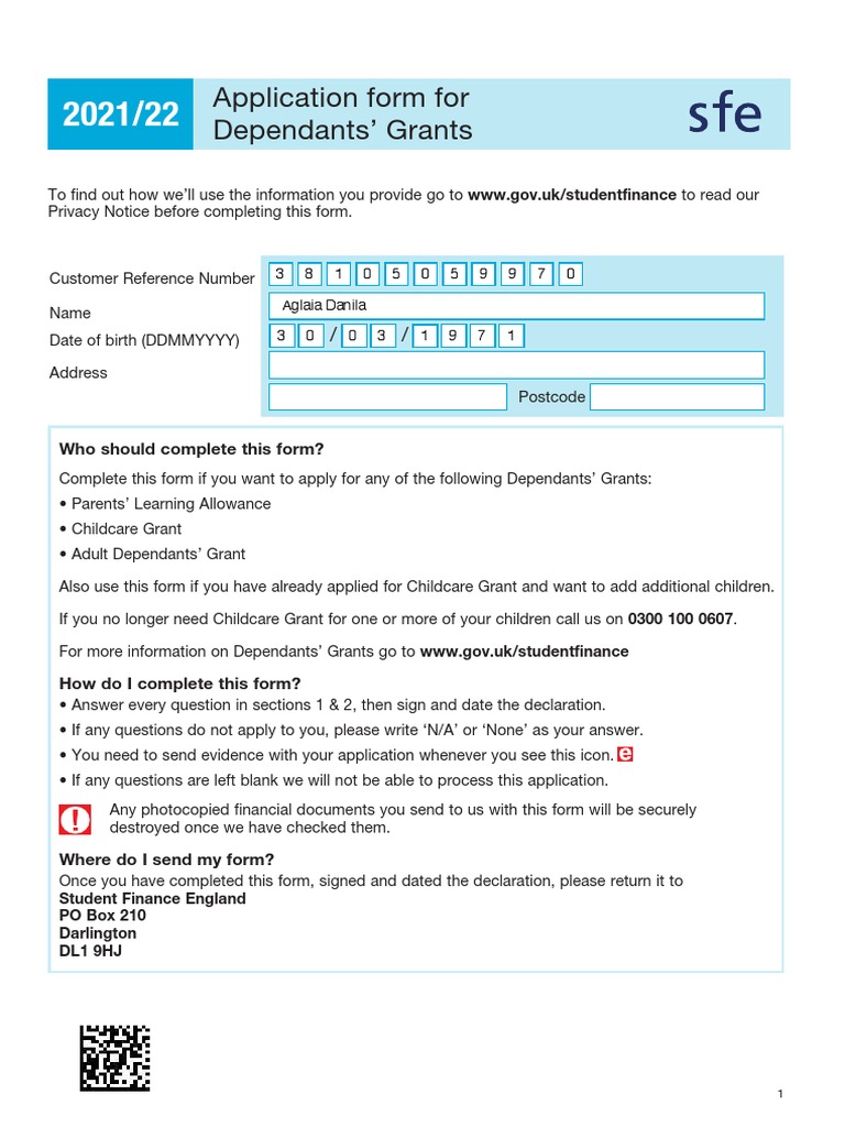 SFE Application For Dependants Grants Form 2122 DD | PDF | Pension 