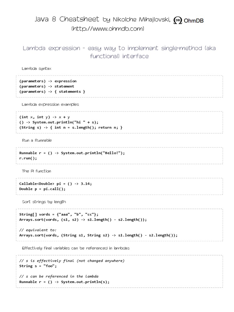 Cheat Sheets - Java 8 | PDF | Anonymous Function | Method (Computer ...