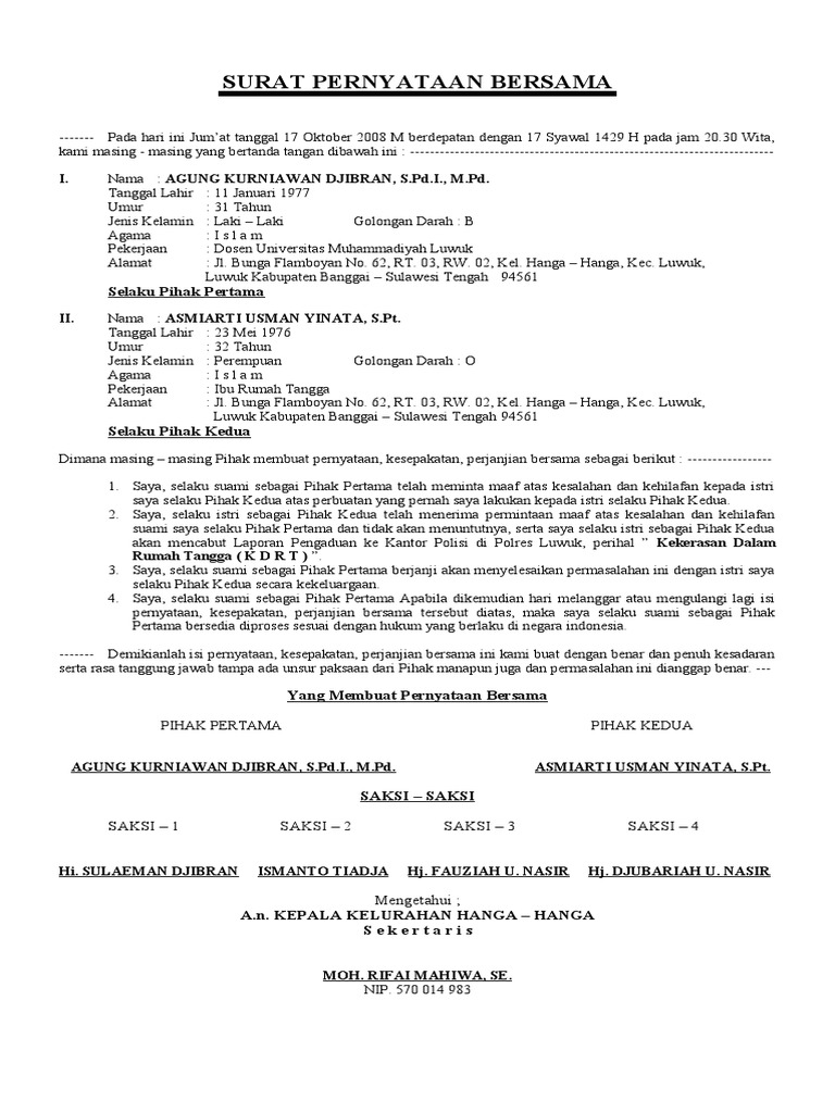 Kesepakatan Bersama Contoh Surat Perjanjian Kesepakatan Suami Istri Nusagates